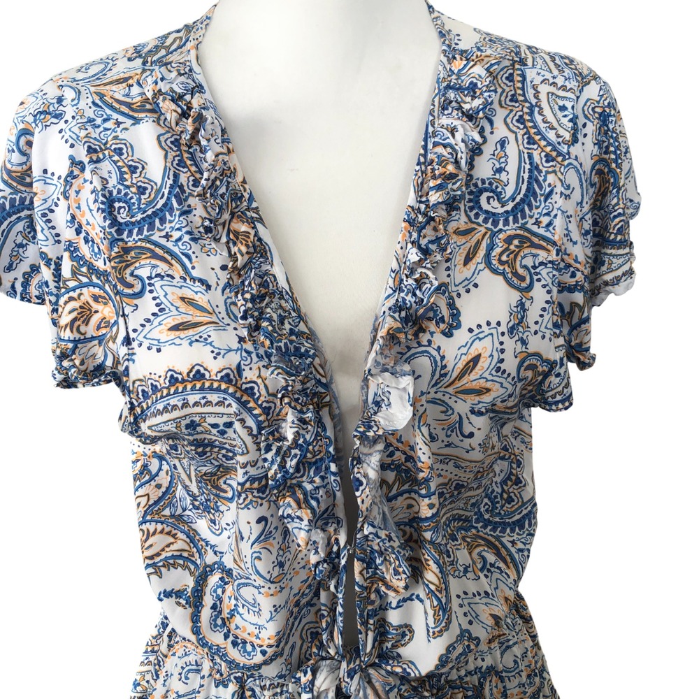 Women's Beyond The Radar Blue Paisley Cap Sleeve Hi-Low Ruffle Boho Maxi Dress L - Picture 4 of 16